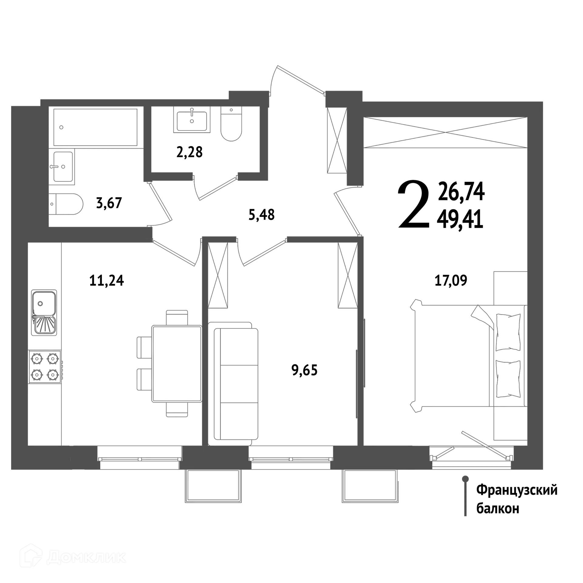 Планировка 2-комнатной квартиры 49.41 м² в ЖК "ХОЛМОГОРЫ", г. Уфа — фото 1