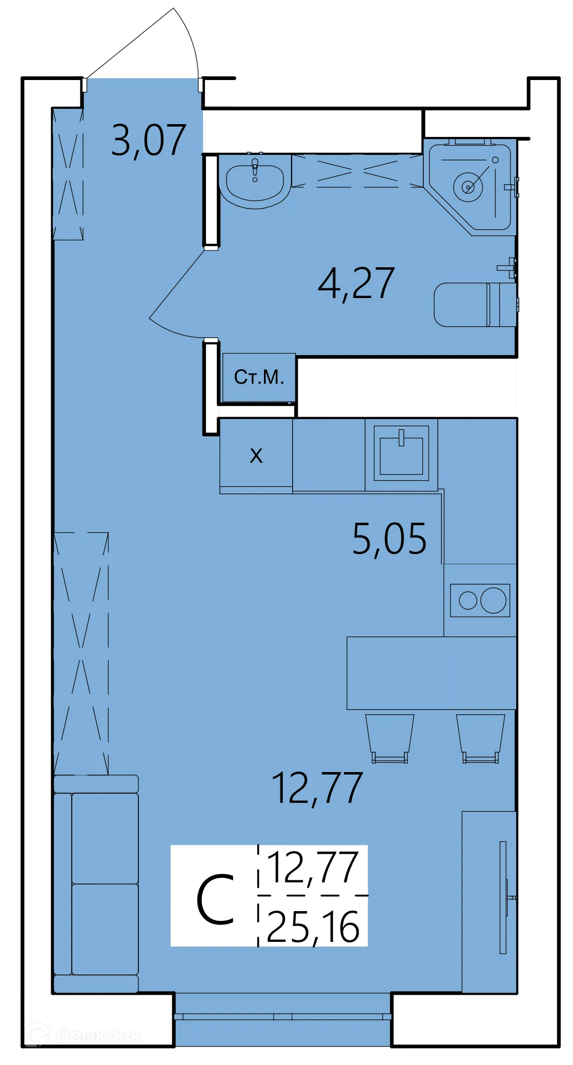 Планировка студии квартиры 25.16 м² в ЖК Волна, г. Уфа — фото 1