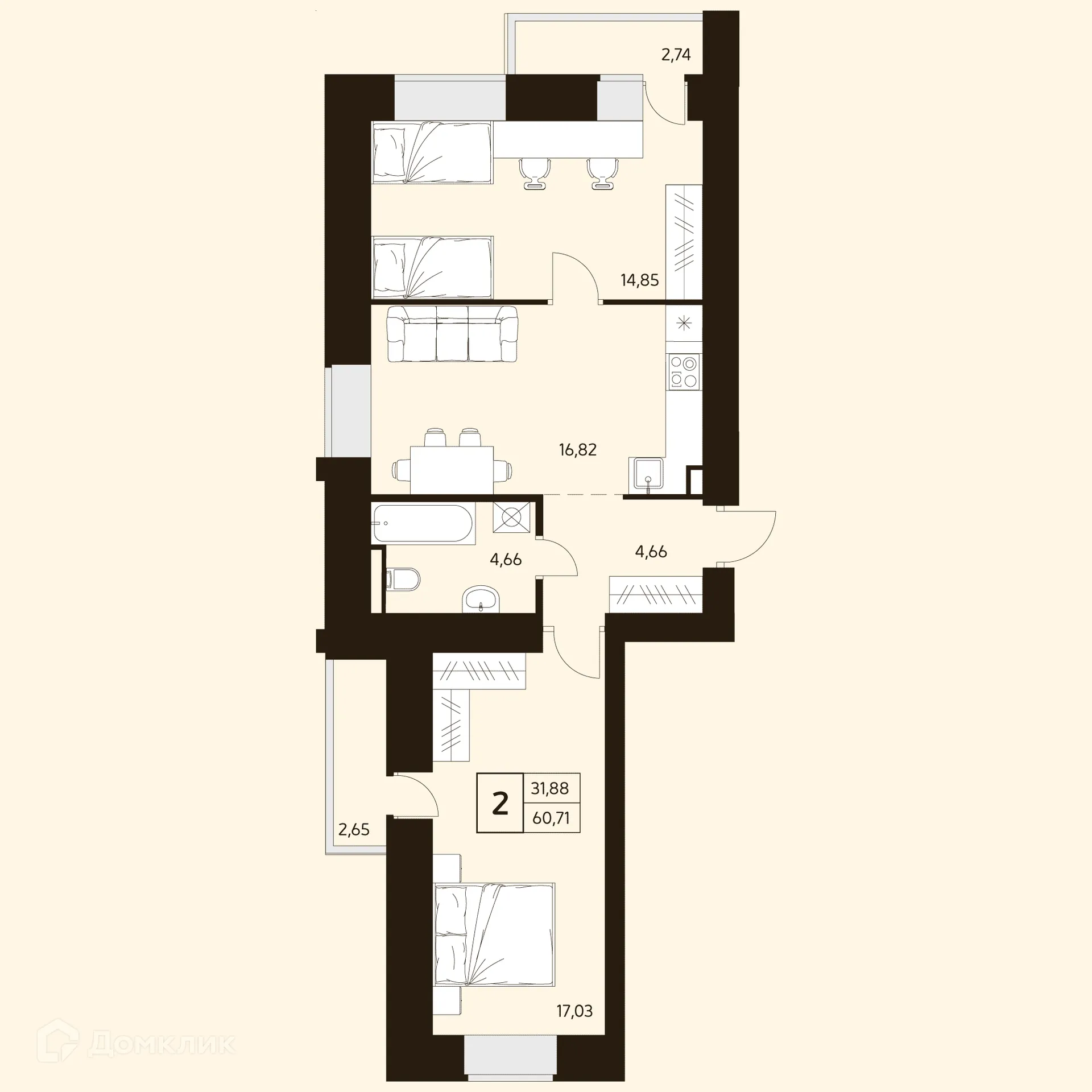 Планировка 2-комнатной квартиры 60.71 м² в ЖК MATUR (МАТУР), г. Уфа — фото 1