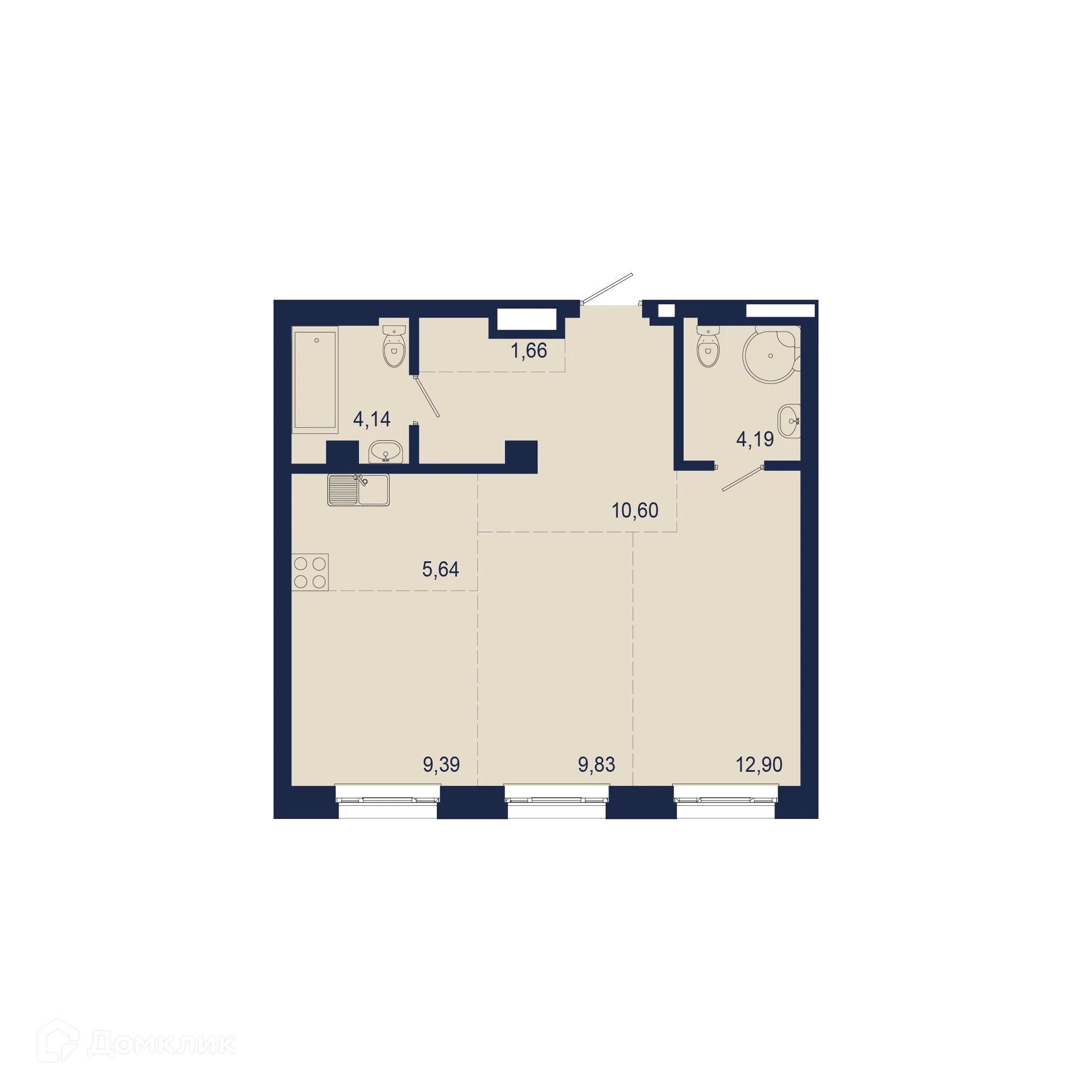 Планировка 3-комнатной квартиры 58.35 м² в ЖК NEW BRIDGE (Нью Бридж), г. Уфа — фото 1