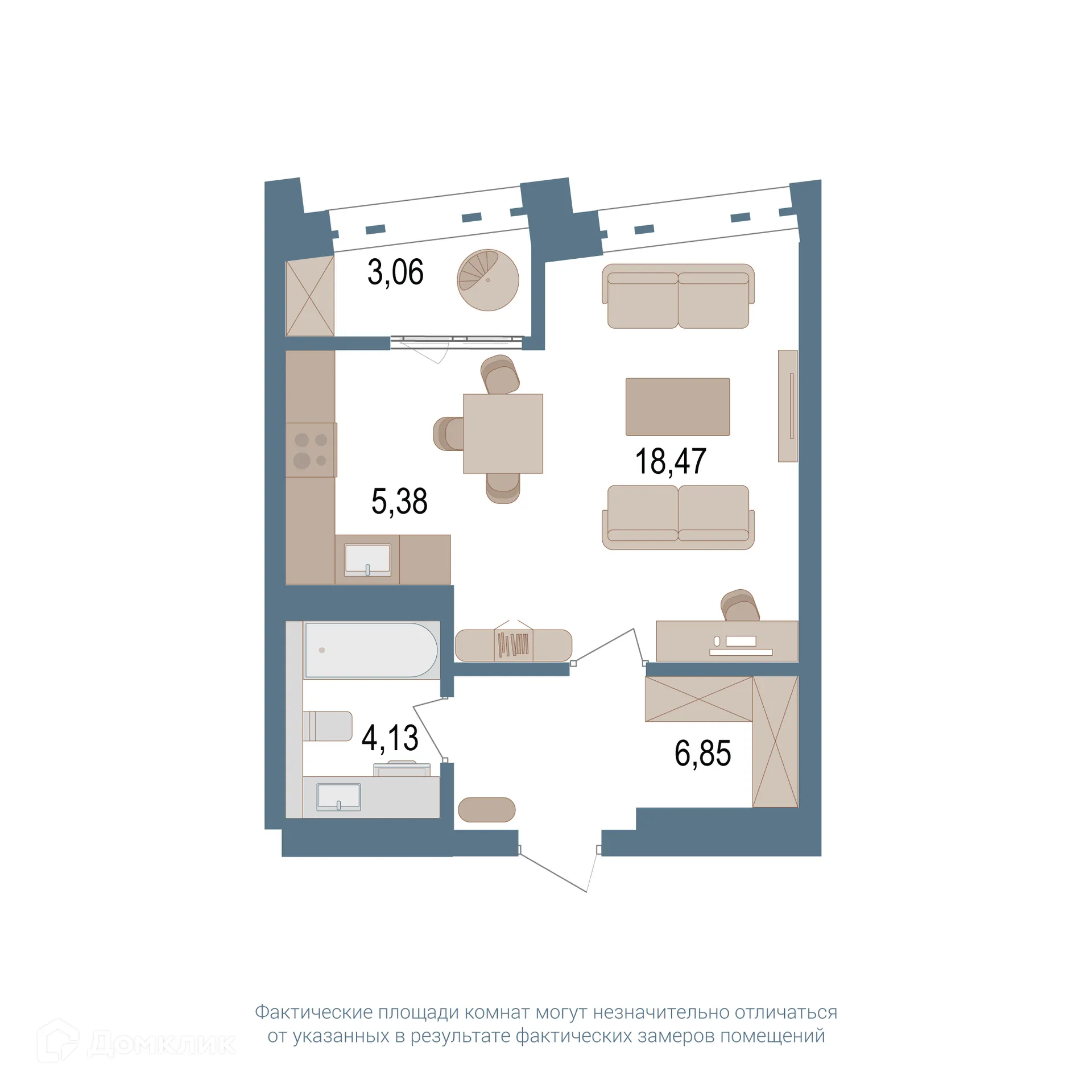 Планировка 1-комнатной квартиры 36.6 м² в ЖК Видинеевский, г. Уфа — фото 1