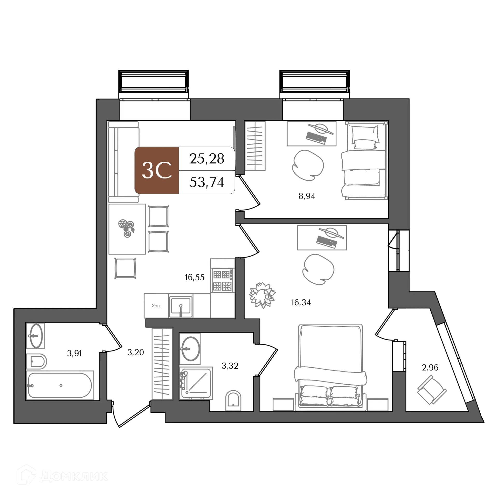 Планировка 3-комнатной квартиры 53.74 м² в ЖК "ХОЛМОГОРЫ", г. Уфа — фото 1