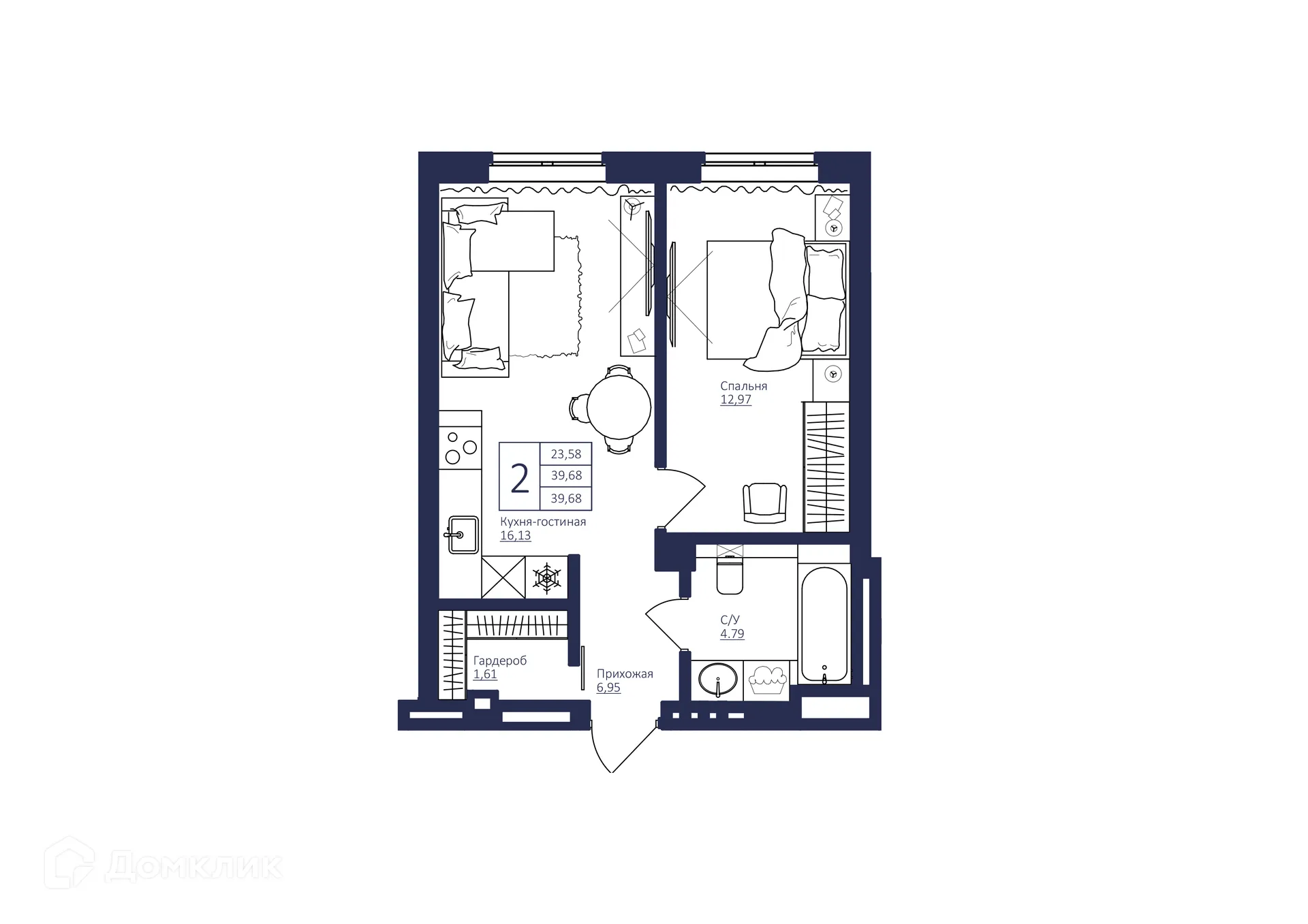 Планировка 2-комнатной квартиры 39.68 м² в ЖК NEW BRIDGE (Нью Бридж), г. Уфа — фото 1