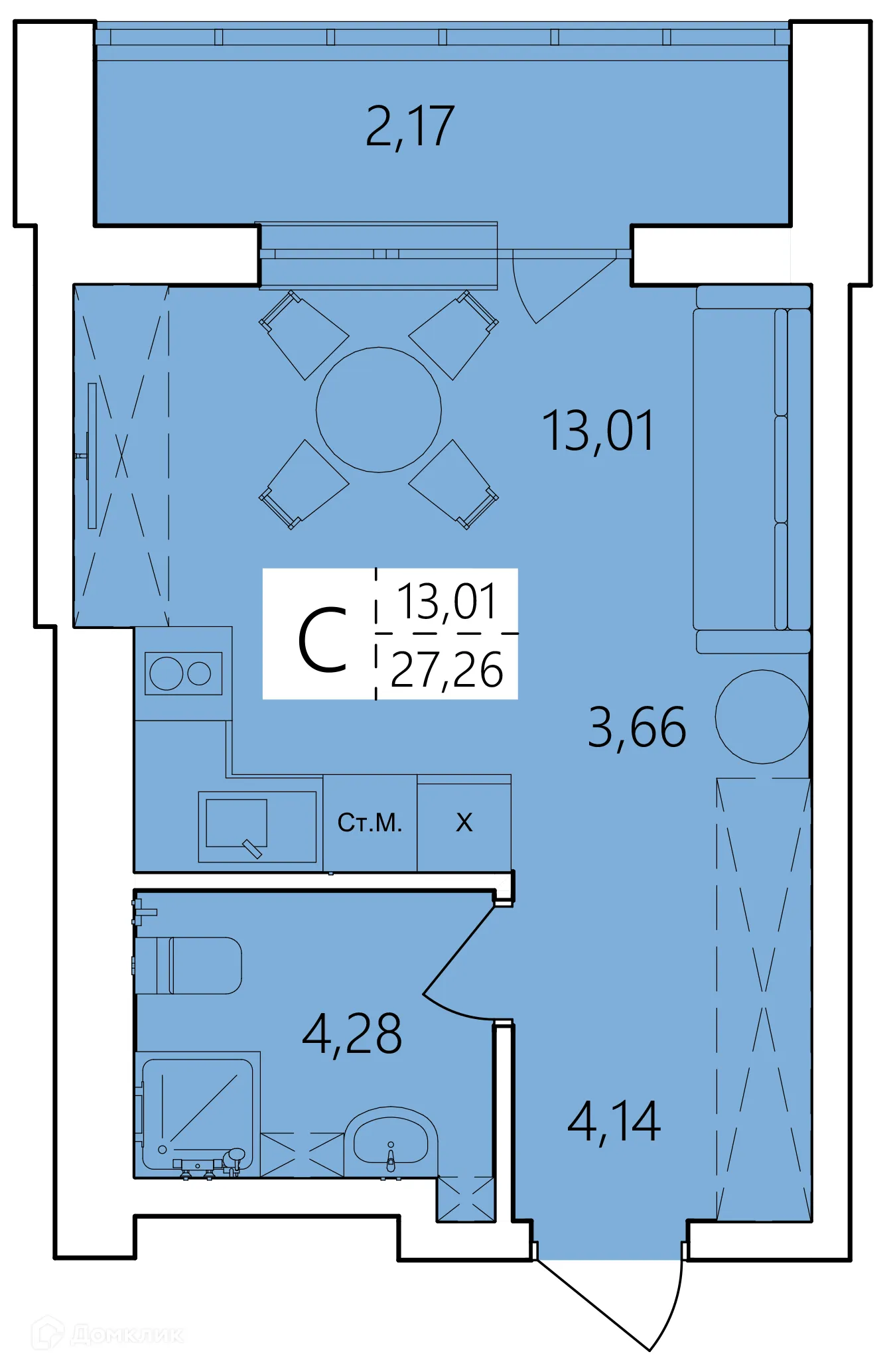 Планировка студии квартиры 27.26 м² в ЖК Волна, г. Уфа — фото 1