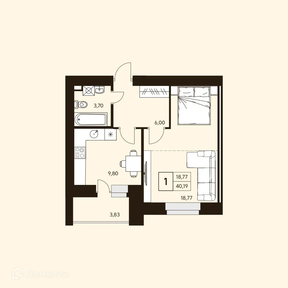 Планировка 1-комнатной квартиры 40.19 м² в ЖК MATUR (МАТУР), г. Уфа — фото 1