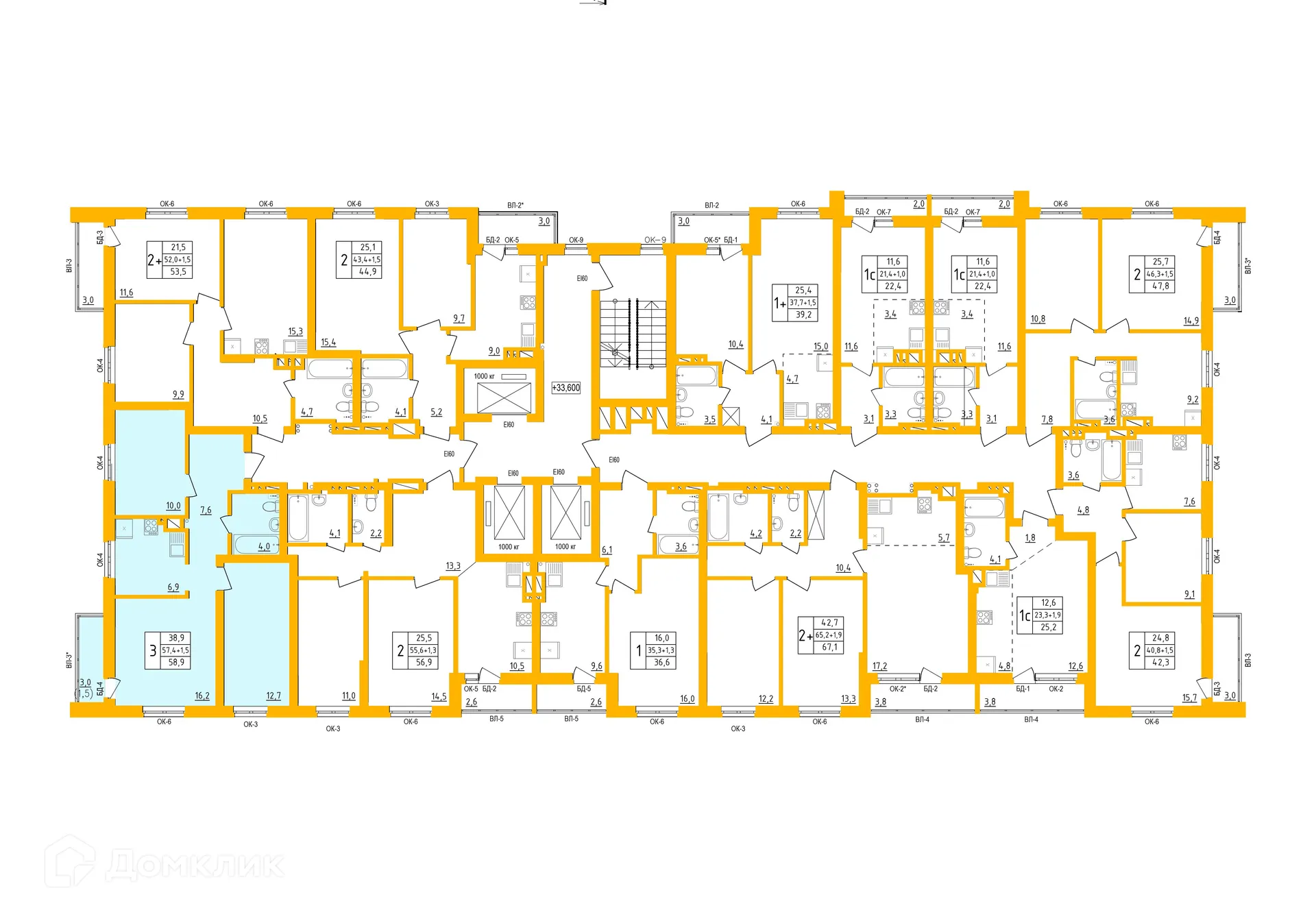 Планировка 3-комнатной квартиры 59.4 м² в ЖК " АКВАРЕЛЬ ", г. Уфа — фото 1