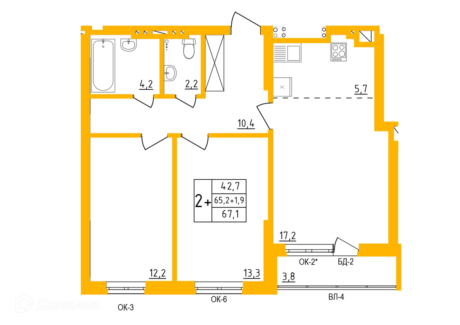 Планировка 2-комнатной квартиры 67.1 м² в ЖК " АКВАРЕЛЬ ", г. Уфа — фото 1