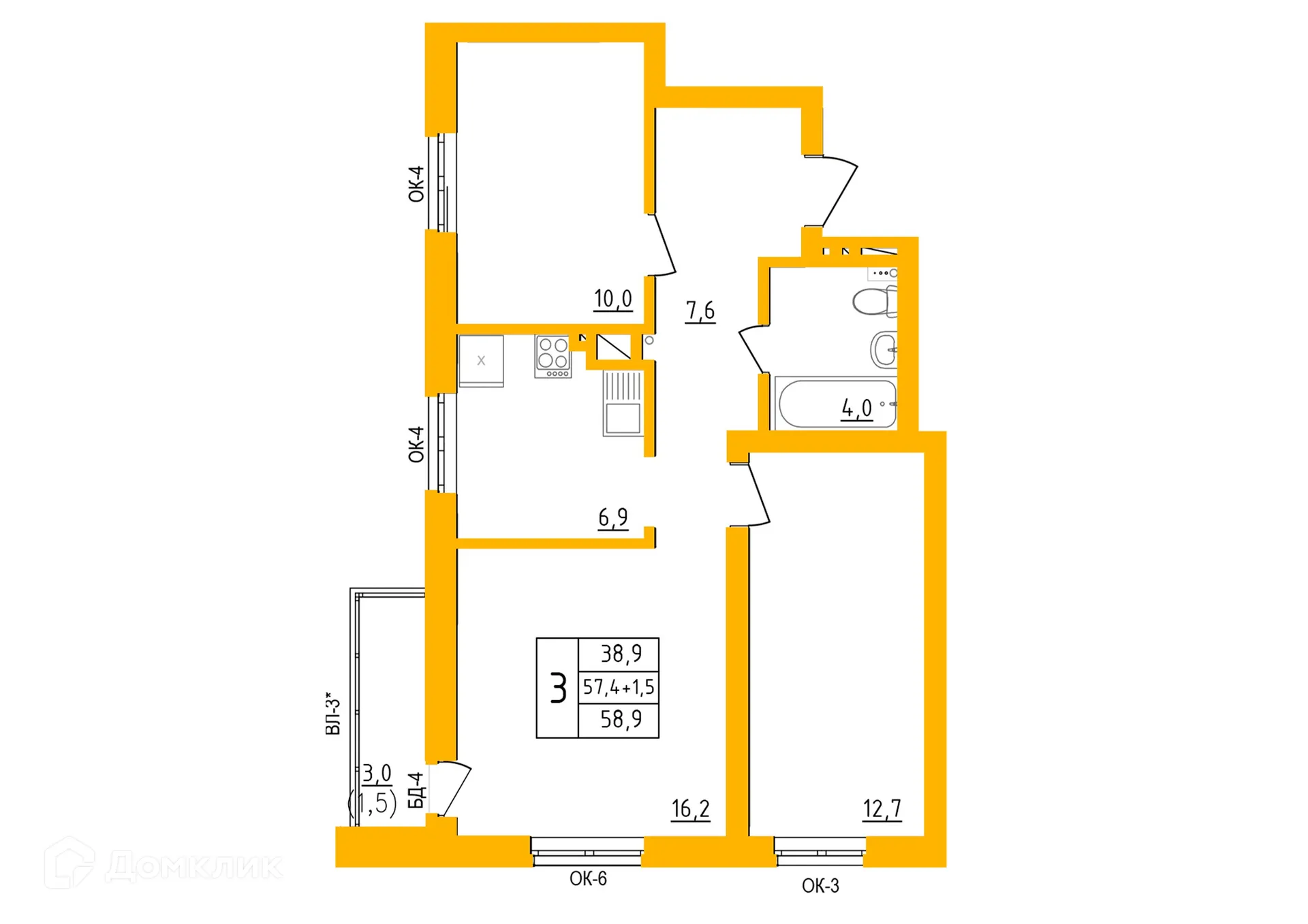 Планировка 3-комнатной квартиры 58.9 м² в ЖК " АКВАРЕЛЬ ", г. Уфа — фото 1