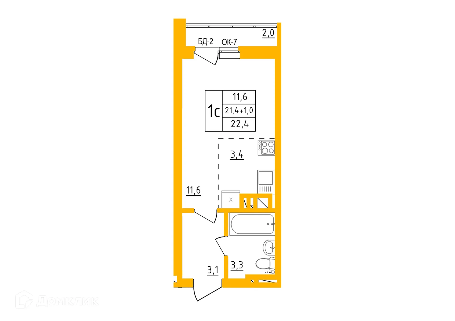 Планировка 1-комнатной квартиры 22.4 м² в ЖК " АКВАРЕЛЬ ", г. Уфа — фото 1