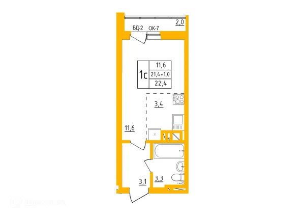 Планировка 1 комн. в ЖК " АКВАРЕЛЬ "