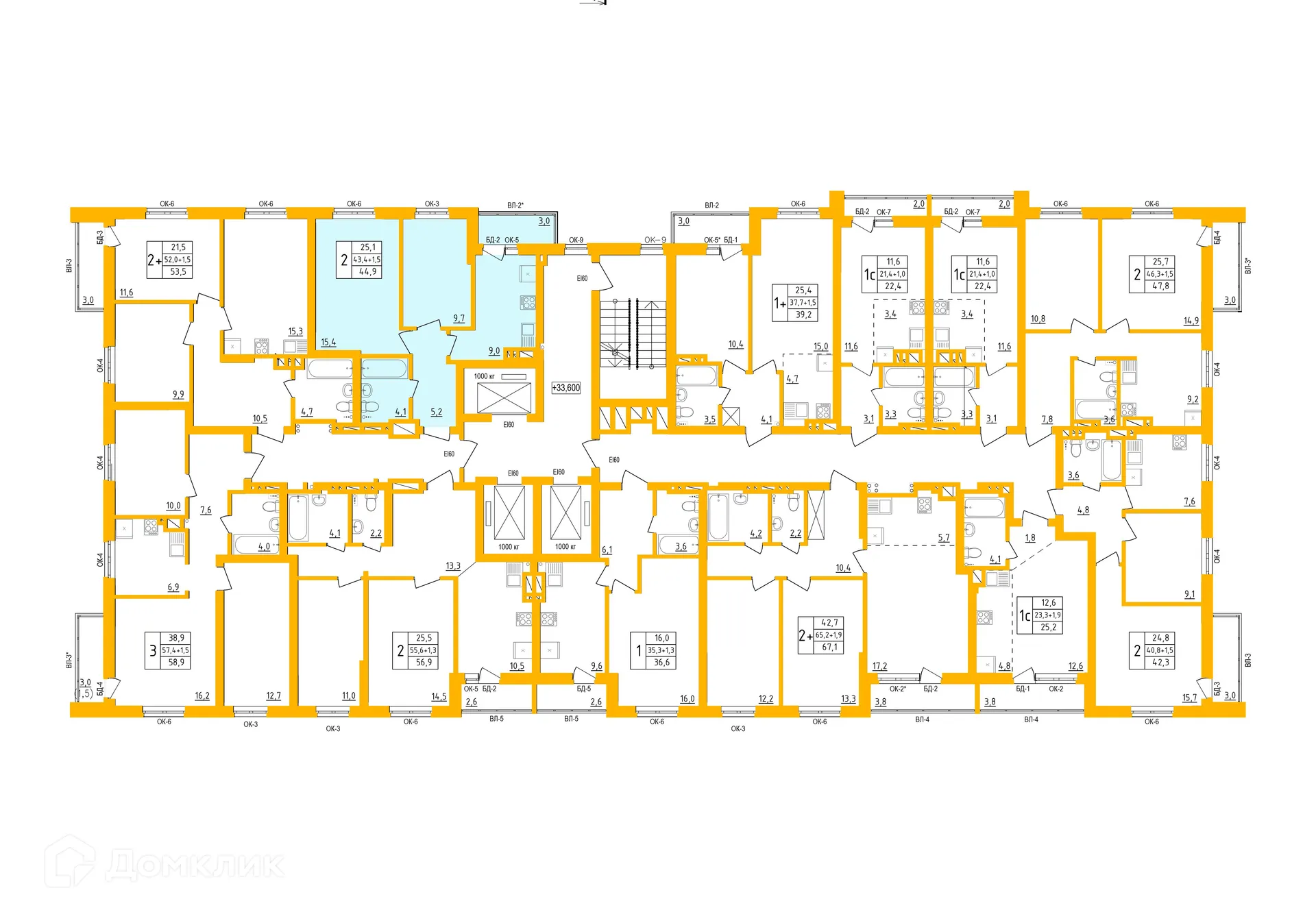 Планировка 2-комнатной квартиры 44.8 м² в ЖК " АКВАРЕЛЬ ", г. Уфа — фото 1