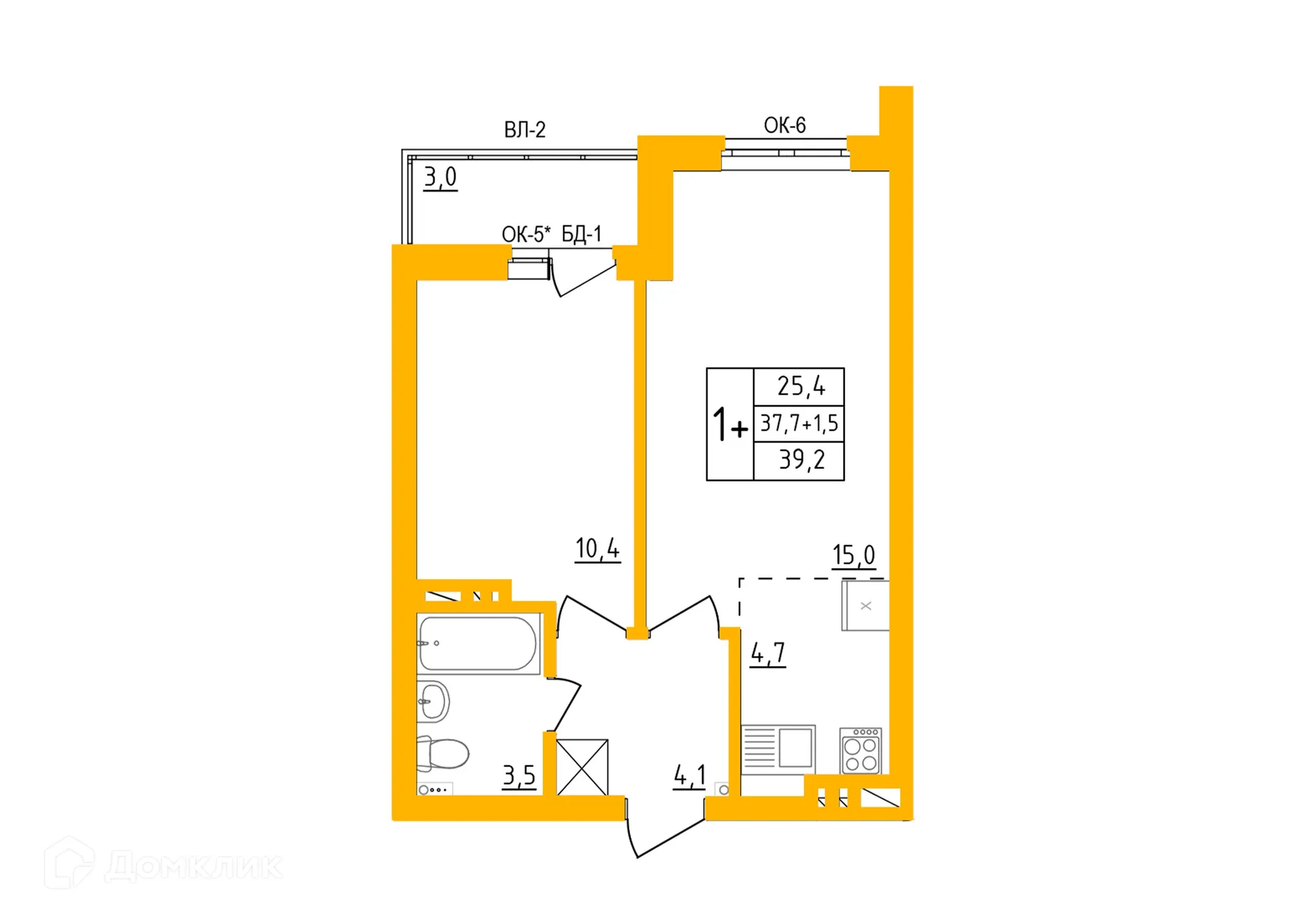 Планировка 1-комнатной квартиры 39.2 м² в ЖК " АКВАРЕЛЬ ", г. Уфа — фото 1