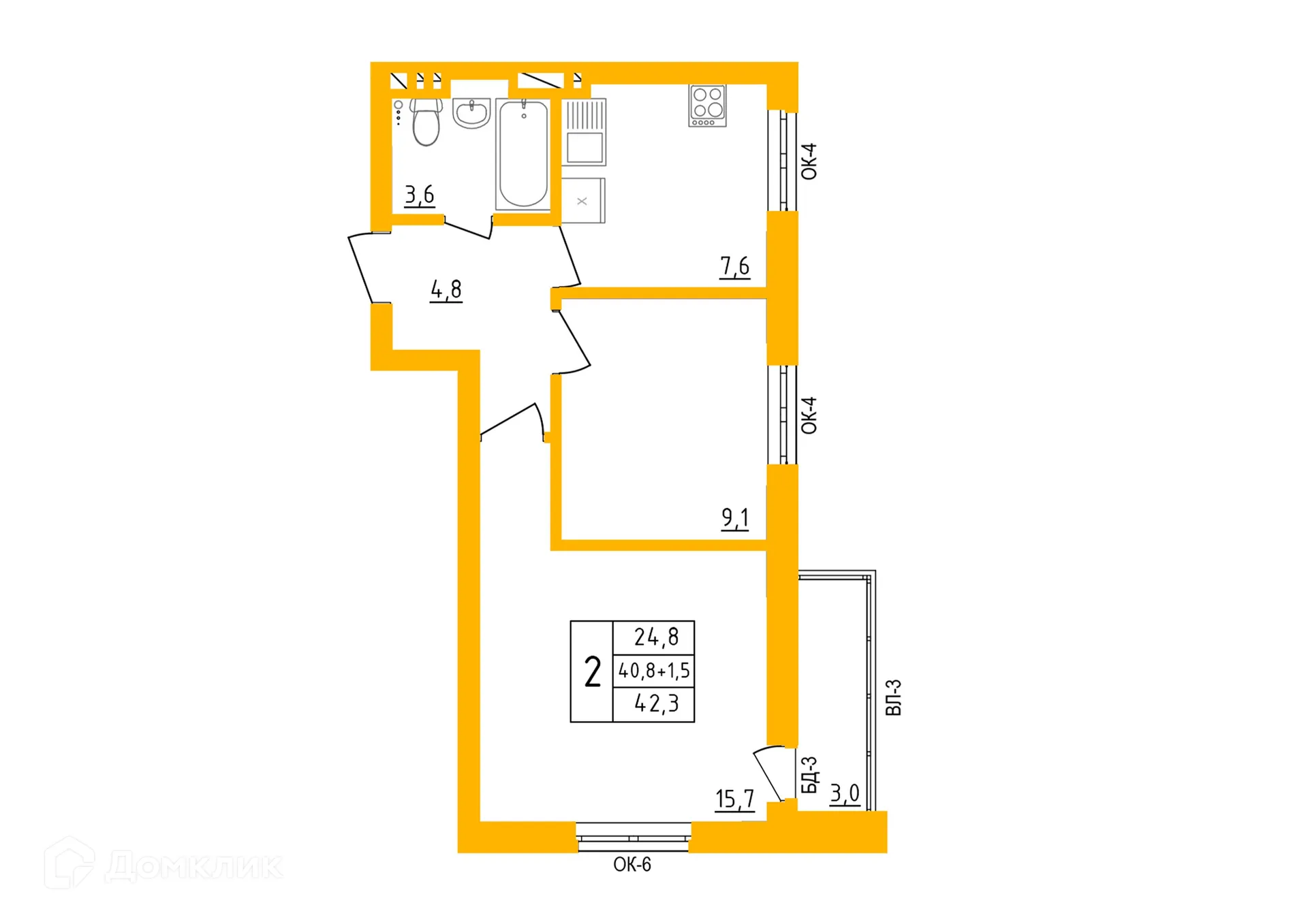 Планировка 2-комнатной квартиры 42.3 м² в ЖК " АКВАРЕЛЬ ", г. Уфа — фото 1