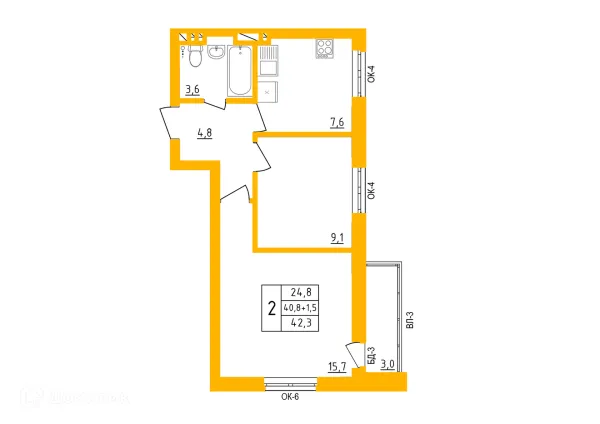 Планировка 2 комн. в ЖК " АКВАРЕЛЬ "