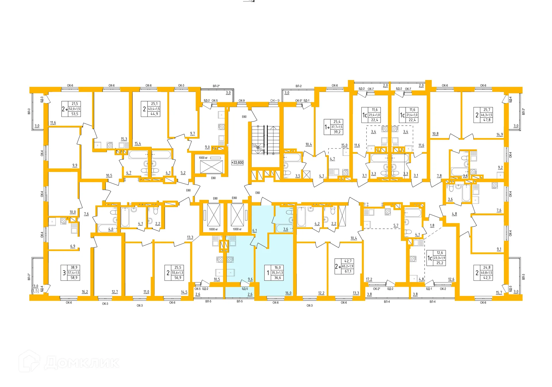 Планировка 1-комнатной квартиры 36.5 м² в ЖК " АКВАРЕЛЬ ", г. Уфа — фото 1