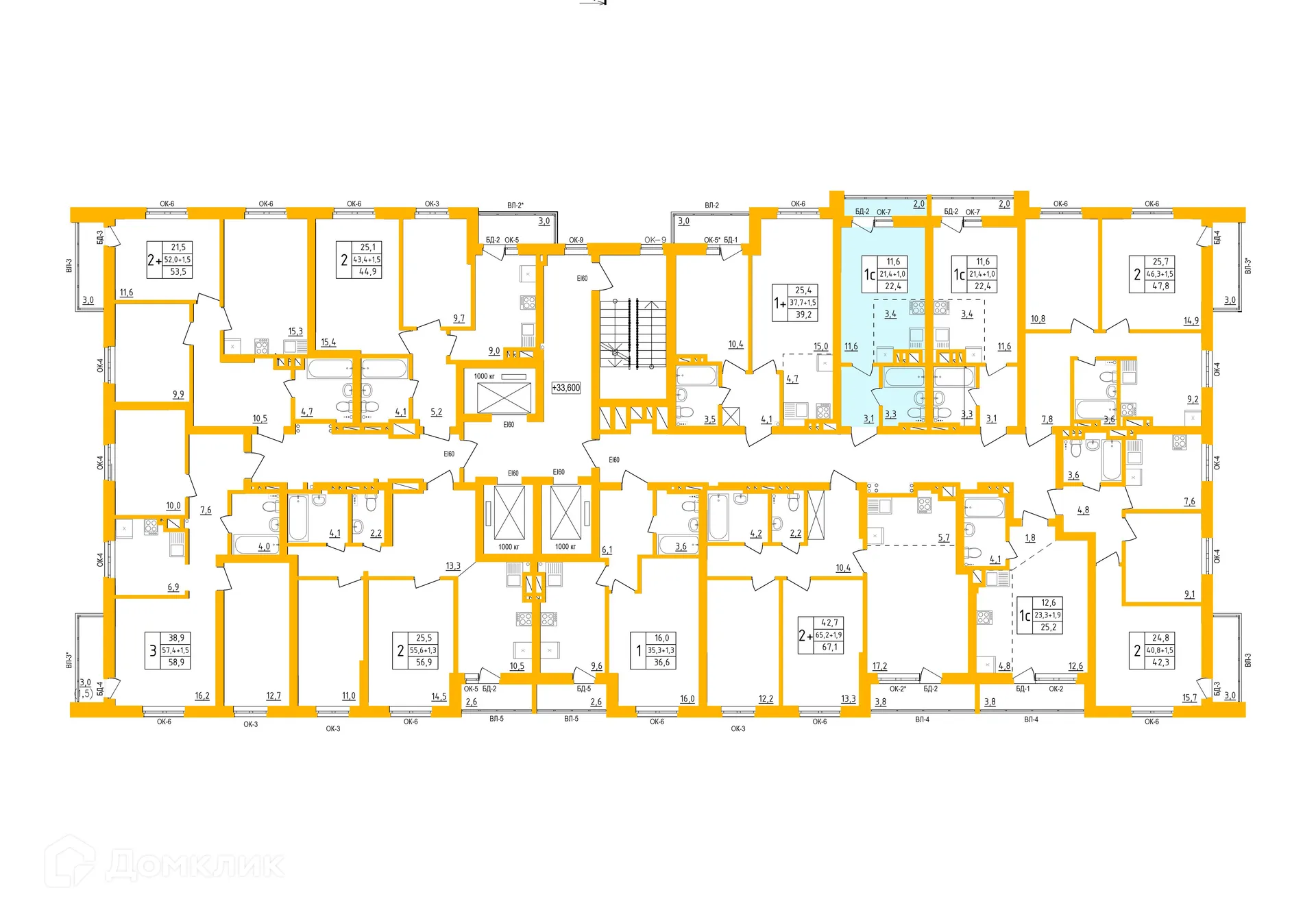 Планировка 1-комнатной квартиры 22.2 м² в ЖК " АКВАРЕЛЬ ", г. Уфа — фото 1