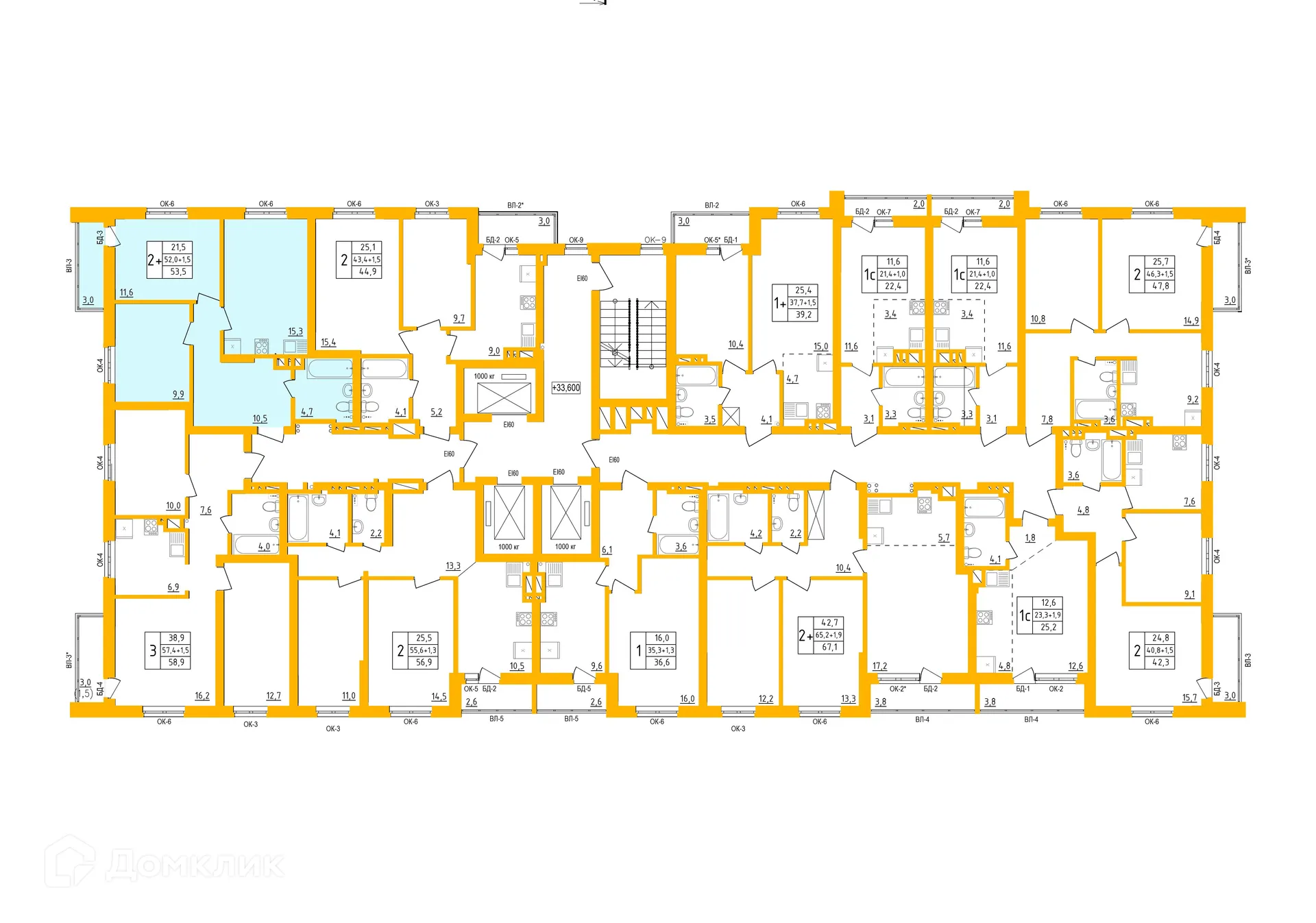 Планировка 2-комнатной квартиры 53.4 м² в ЖК " АКВАРЕЛЬ ", г. Уфа — фото 1