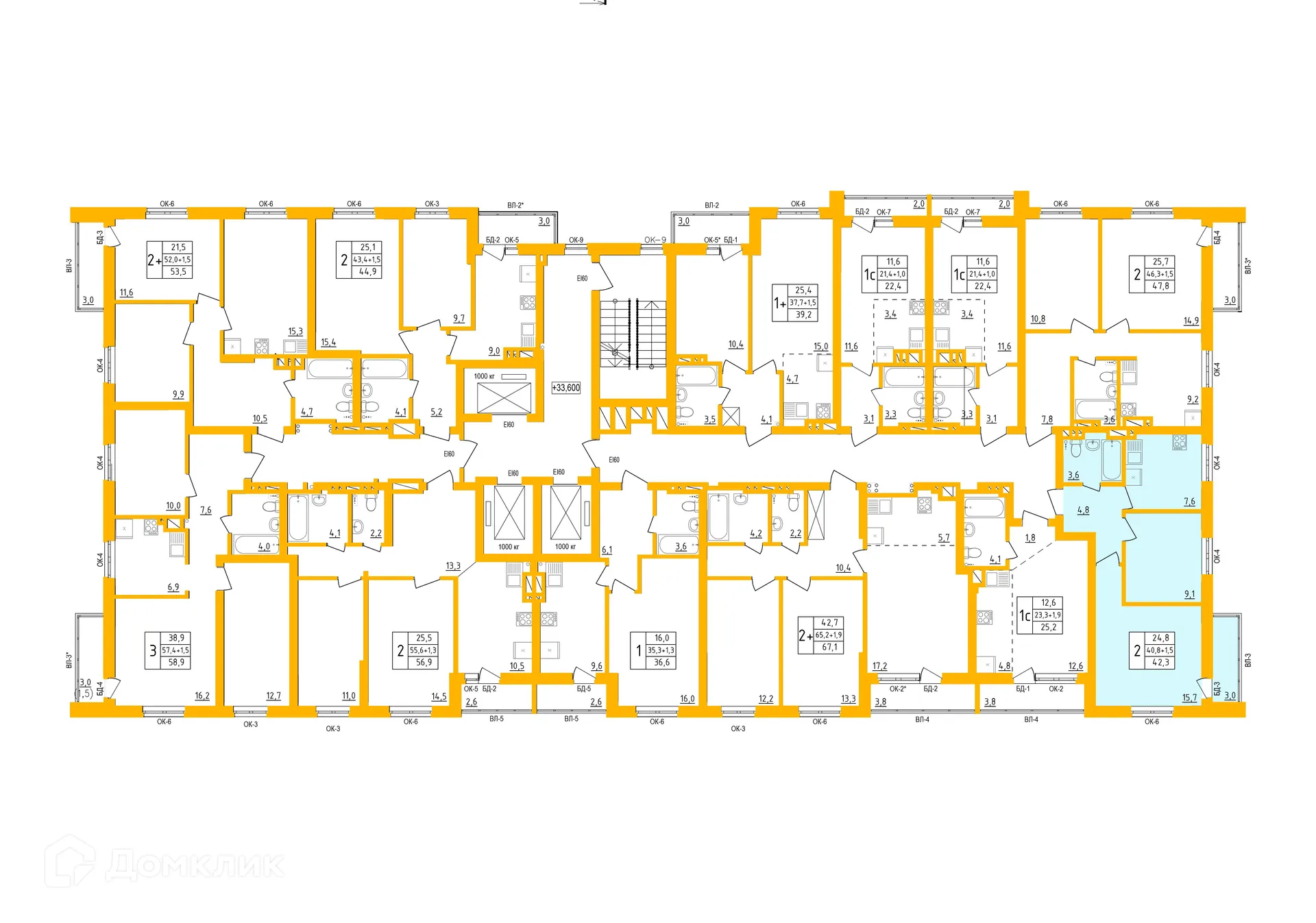 Планировка 2-комнатной квартиры 42.2 м² в ЖК " АКВАРЕЛЬ ", г. Уфа — фото 1