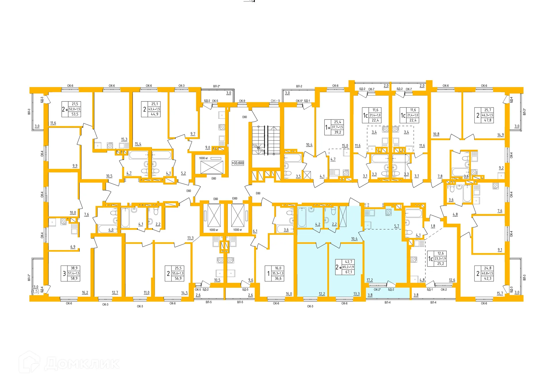 Планировка 2-комнатной квартиры 66.6 м² в ЖК " АКВАРЕЛЬ ", г. Уфа — фото 1