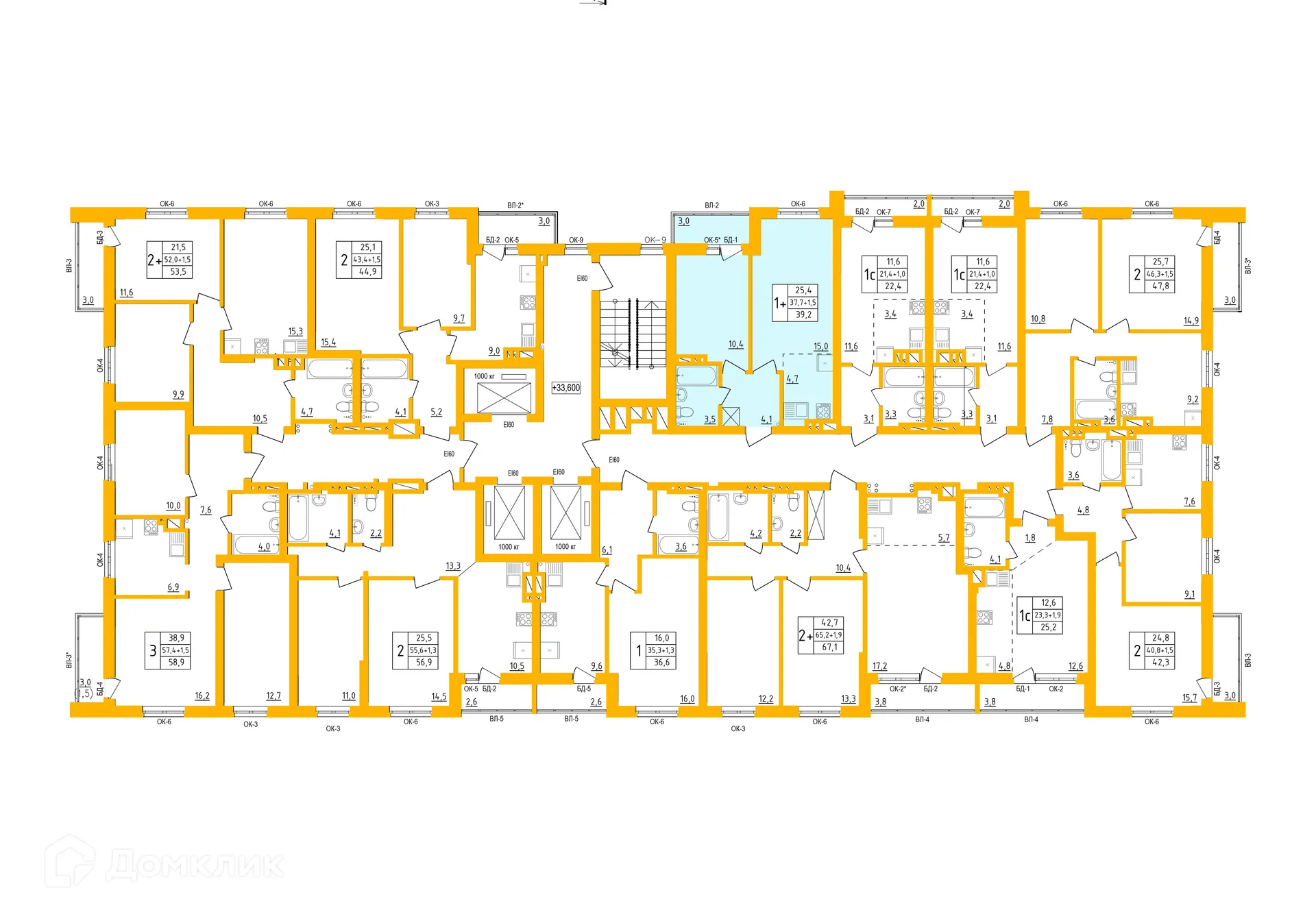 Планировка 1-комнатной квартиры 38.9 м² в ЖК " АКВАРЕЛЬ ", г. Уфа — фото 1
