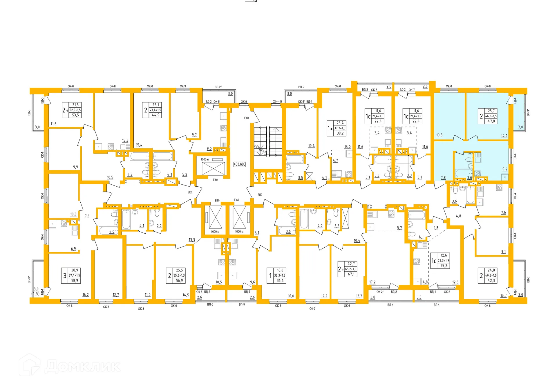 Планировка 2-комнатной квартиры 47.4 м² в ЖК " АКВАРЕЛЬ ", г. Уфа — фото 1