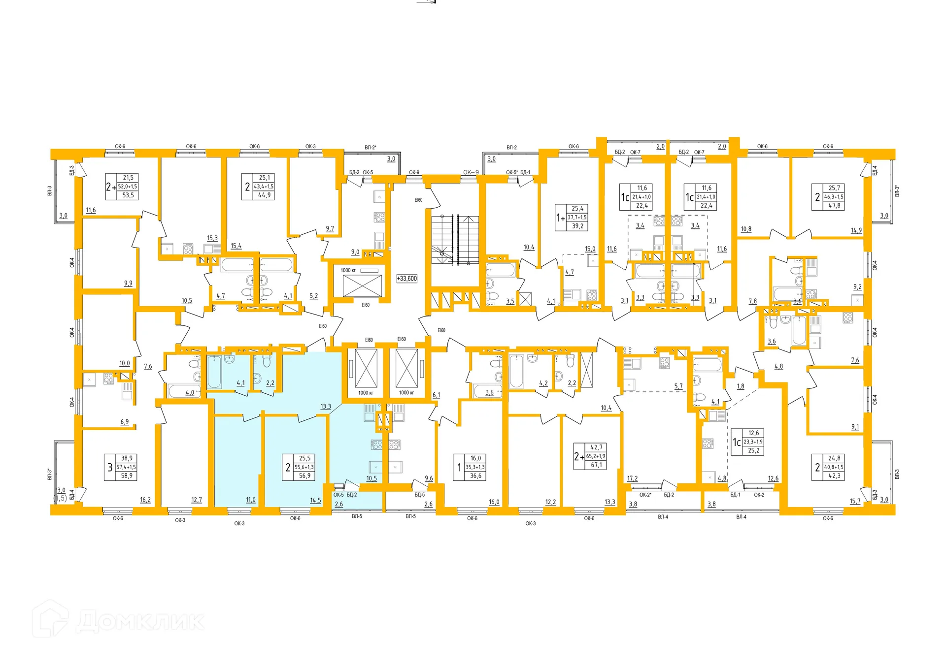 Планировка 2-комнатной квартиры 56.5 м² в ЖК " АКВАРЕЛЬ ", г. Уфа — фото 1