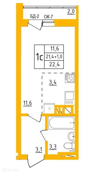 Планировка 1-комнатной квартиры 23.1 м² в ЖК " АКВАРЕЛЬ ", г. Уфа — фото 1