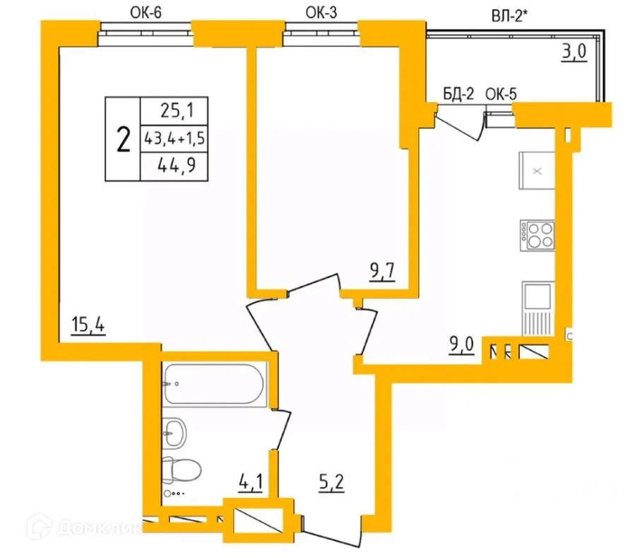 Планировка 1-комнатной квартиры 35.5 м² в ЖК " АКВАРЕЛЬ ", г. Уфа — фото 1