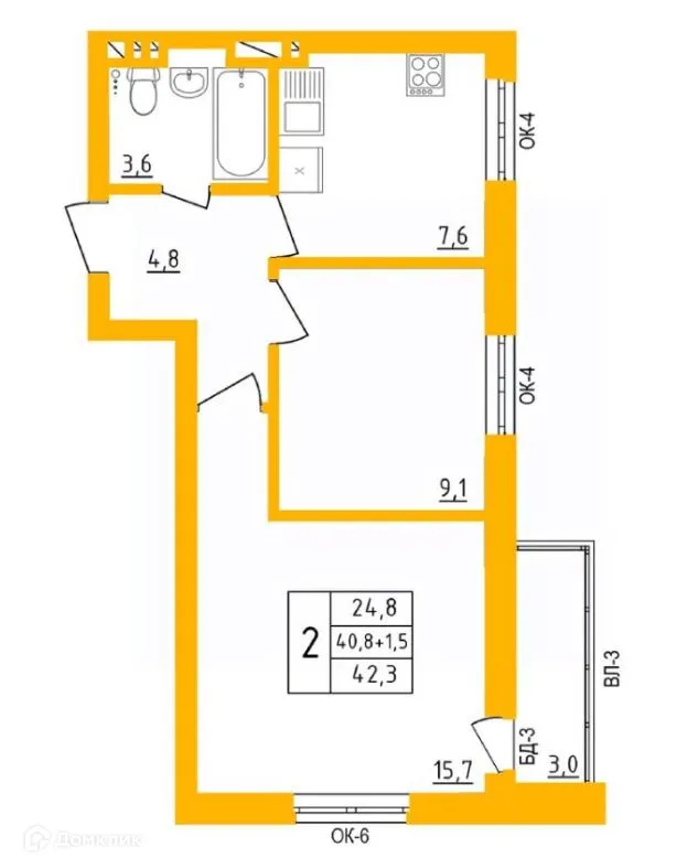 Планировка 2-комнатной квартиры 42.6 м² в ЖК " АКВАРЕЛЬ ", г. Уфа — фото 1