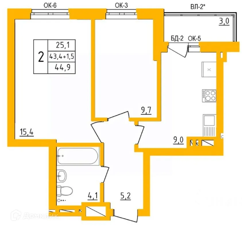 Планировка 2-комнатной квартиры 44.9 м² в ЖК " АКВАРЕЛЬ ", г. Уфа — фото 1