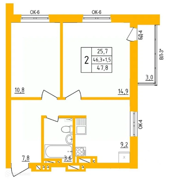 Планировка 2-комнатной квартиры 47.8 м² в ЖК " АКВАРЕЛЬ ", г. Уфа — фото 1