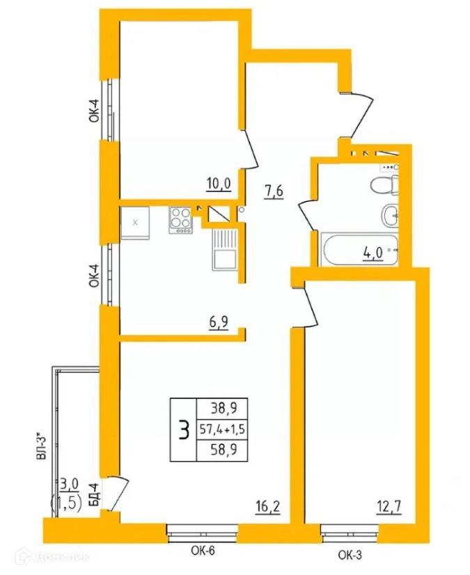 Планировка 3-комнатной квартиры 58.7 м² в ЖК " АКВАРЕЛЬ ", г. Уфа — фото 1
