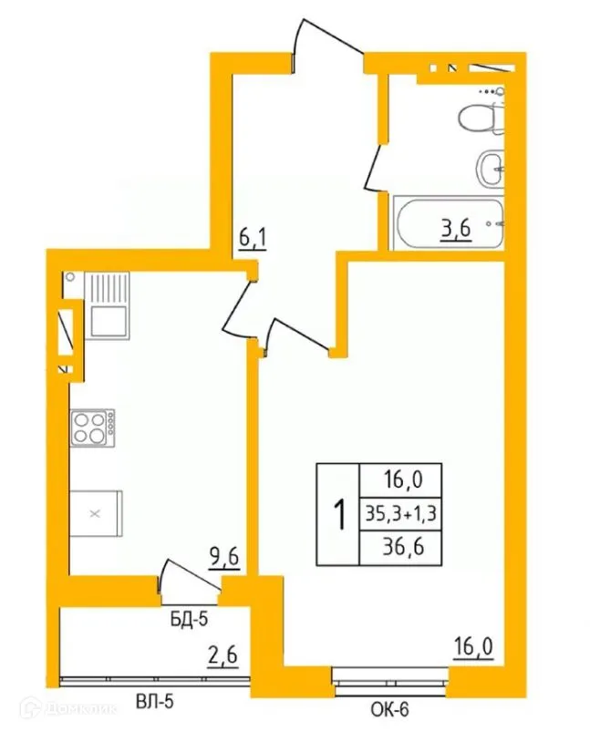 Планировка 1-комнатной квартиры 36.4 м² в ЖК " АКВАРЕЛЬ ", г. Уфа — фото 1