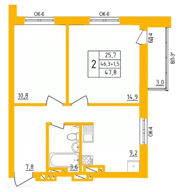 Планировка 2-комнатной квартиры 47.5 м² в ЖК " АКВАРЕЛЬ ", г. Уфа — фото 1