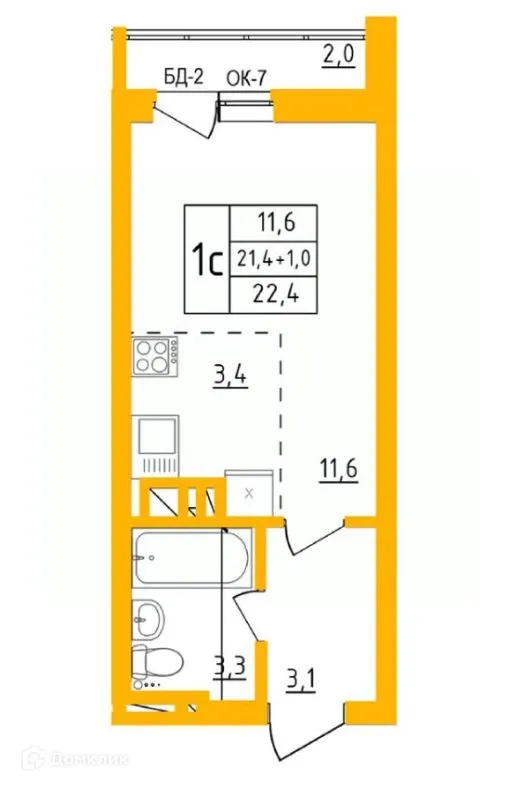 Планировка 1-комнатной квартиры 22.2 м² в ЖК " АКВАРЕЛЬ ", г. Уфа — фото 1