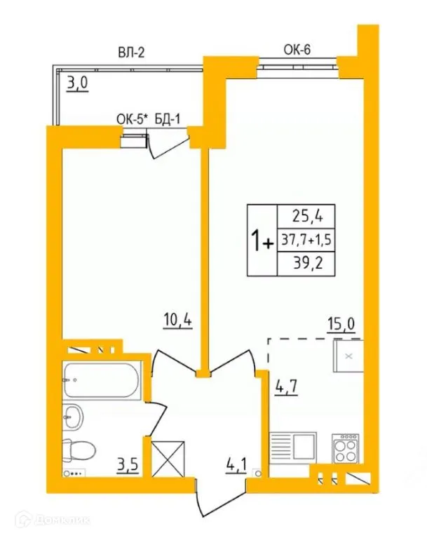 Планировка 1-комнатной квартиры 38.9 м² в ЖК " АКВАРЕЛЬ ", г. Уфа — фото 1