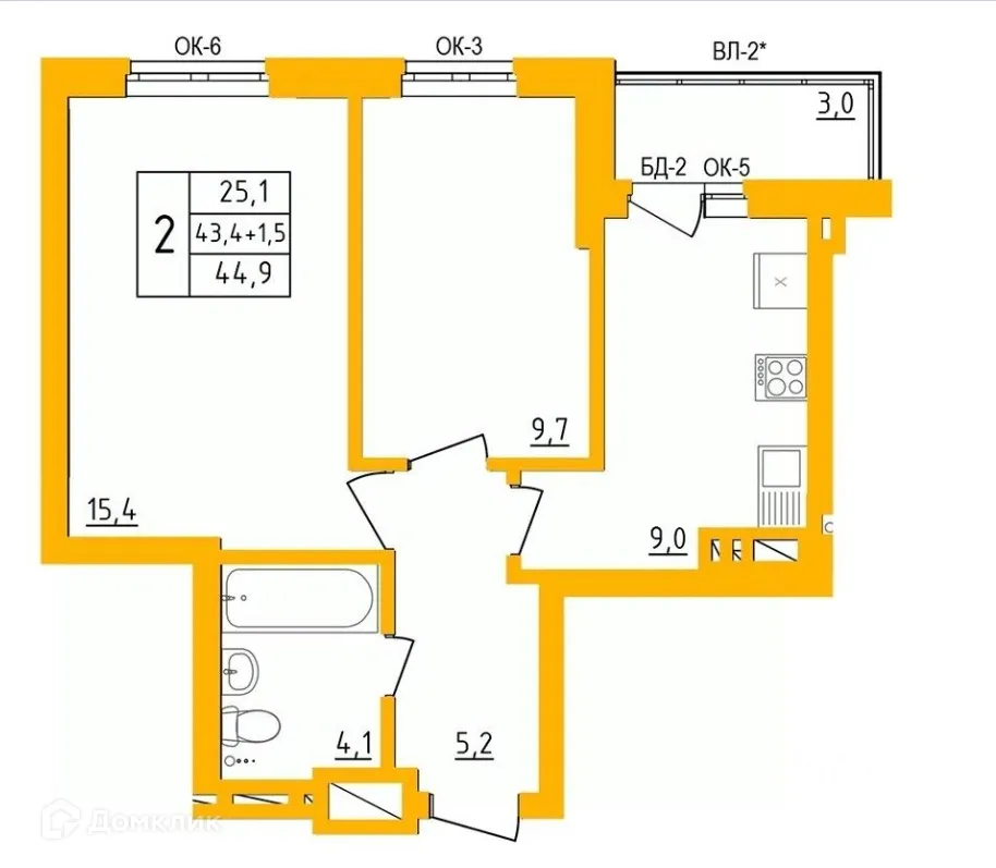 Планировка 2-комнатной квартиры 44.4 м² в ЖК " АКВАРЕЛЬ ", г. Уфа — фото 1
