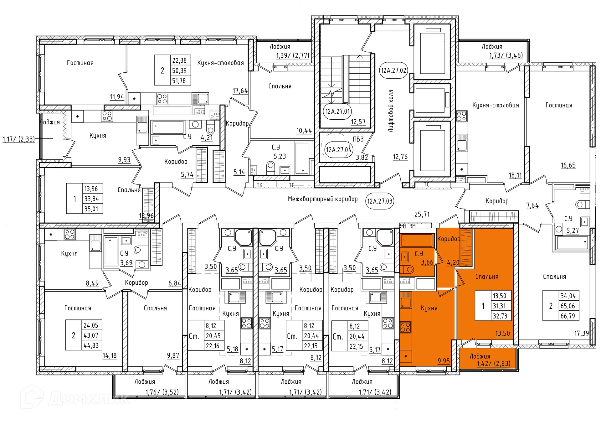 Планировка 1-комнатной квартиры 32.73 м² в ЖК " АКВАРЕЛЬ ", г. Уфа — фото 1