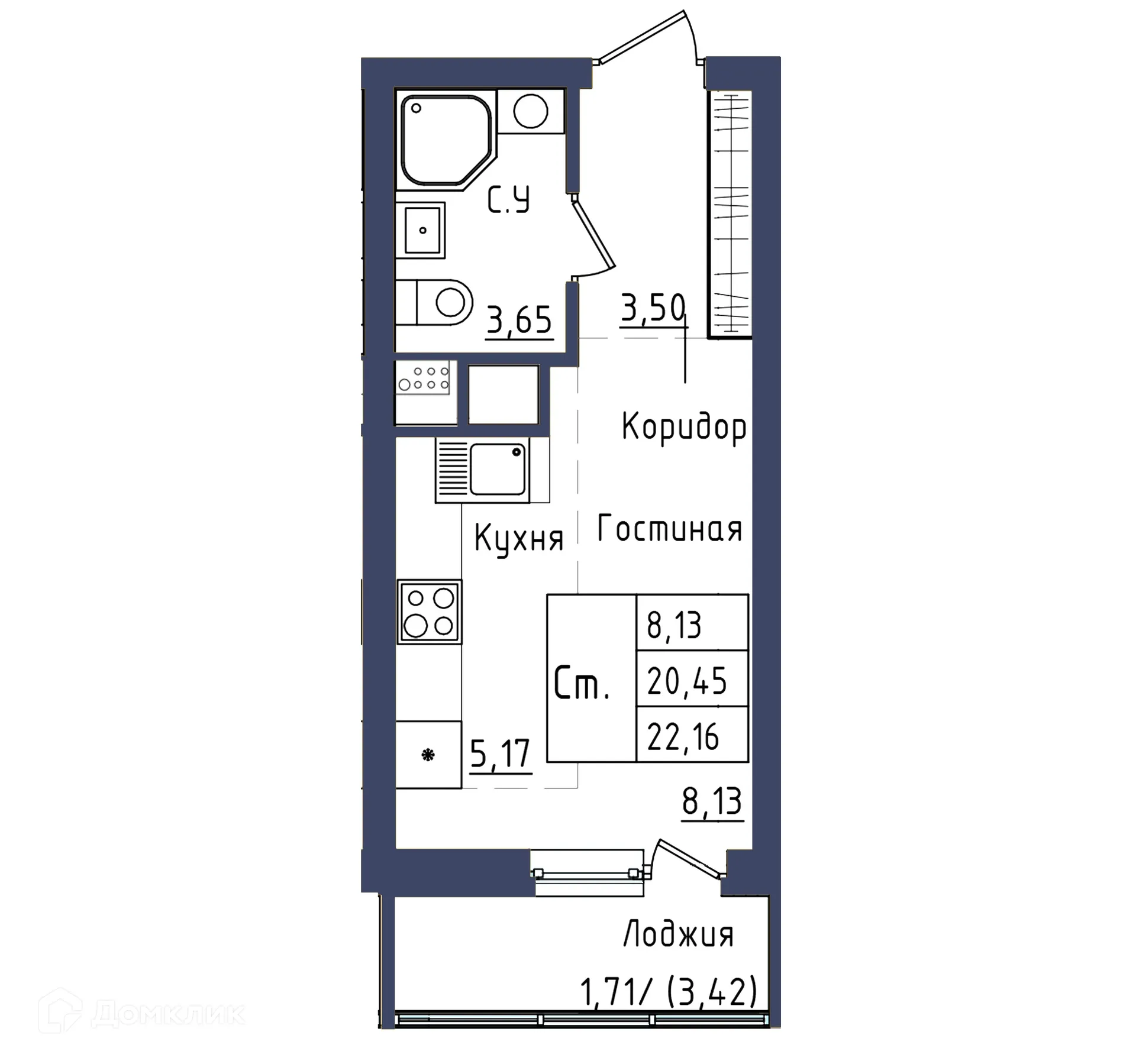 Планировка 1-комнатной квартиры 22.16 м² в ЖК " АКВАРЕЛЬ ", г. Уфа — фото 1