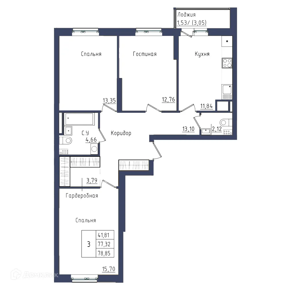 Планировка 3-комнатной квартиры 78.85 м² в ЖК " АКВАРЕЛЬ ", г. Уфа — фото 1