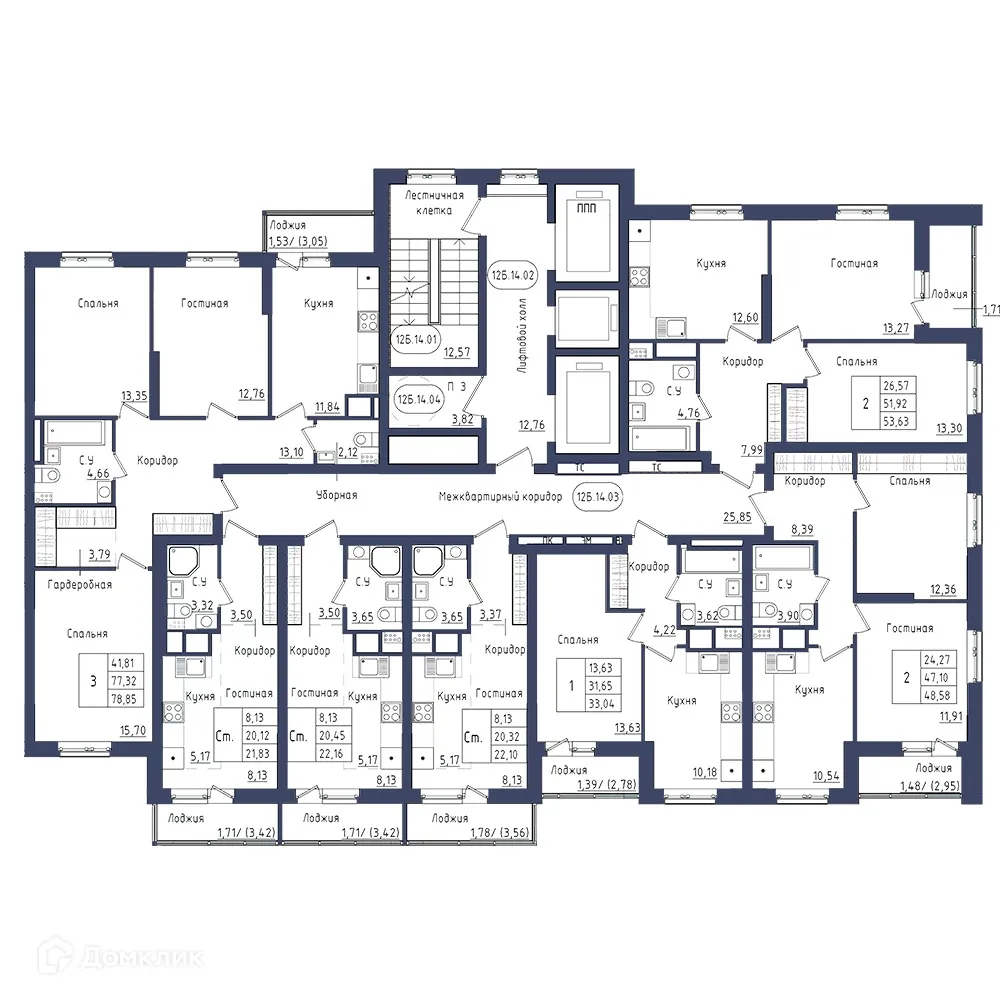Планировка 3-комнатной квартиры 78.68 м² в ЖК " АКВАРЕЛЬ ", г. Уфа — фото 1