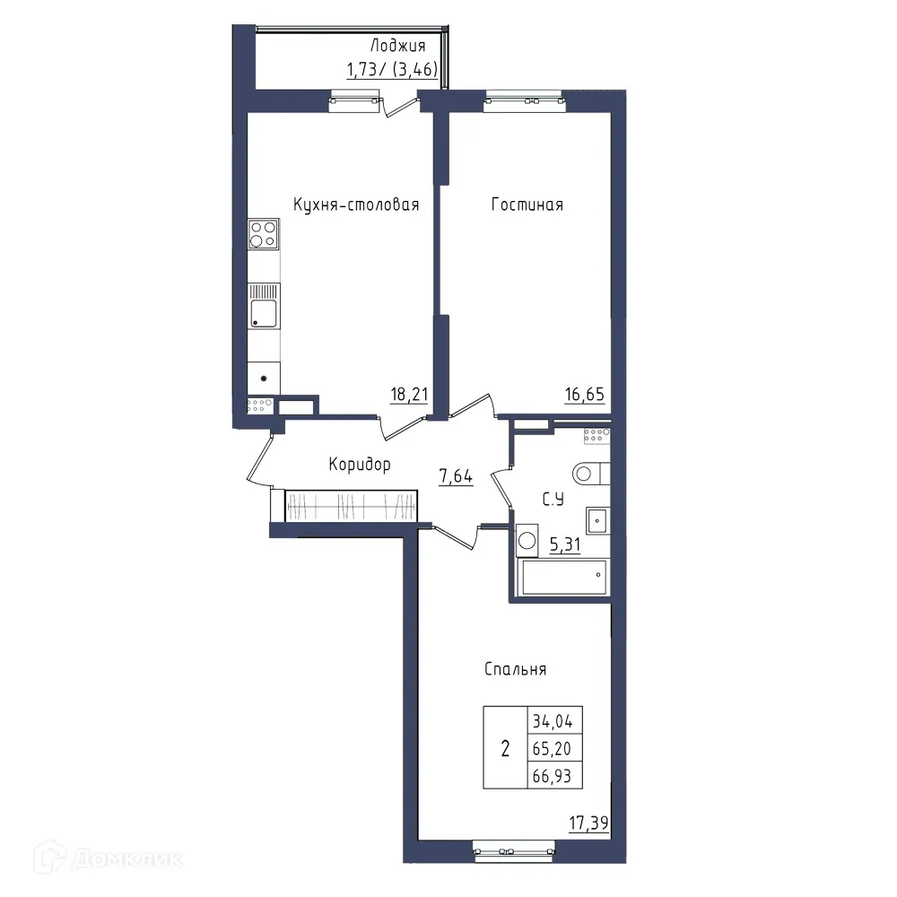 Планировка 2-комнатной квартиры 66.58 м² в ЖК " АКВАРЕЛЬ ", г. Уфа — фото 1
