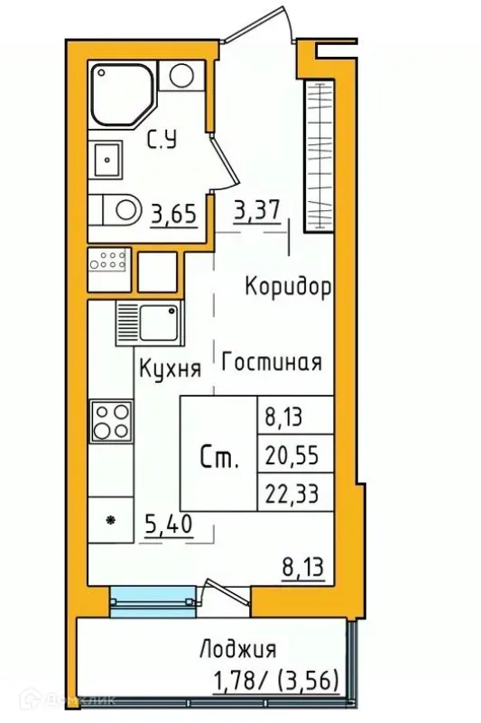 Планировка студии квартиры 22.16 м² в ЖК " АКВАРЕЛЬ ", г. Уфа — фото 1