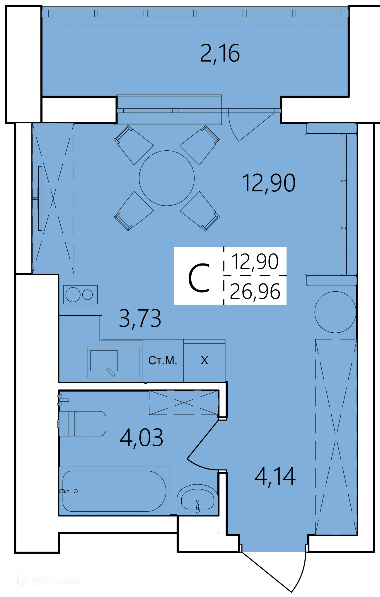 Планировка студии квартиры 26.96 м² в ЖК Волна, г. Уфа — фото 1