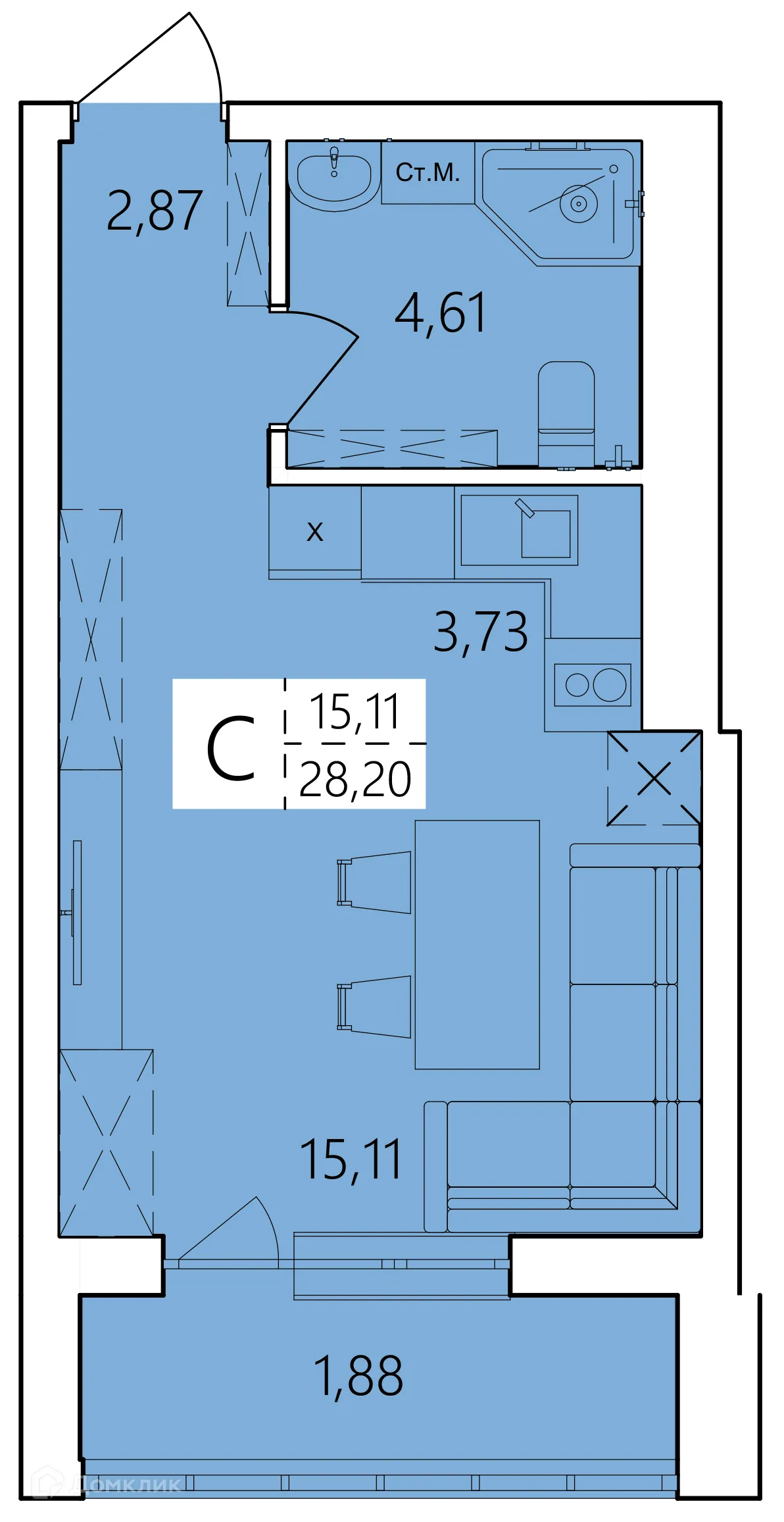 Планировка студии квартиры 28.2 м² в ЖК Волна, г. Уфа — фото 1