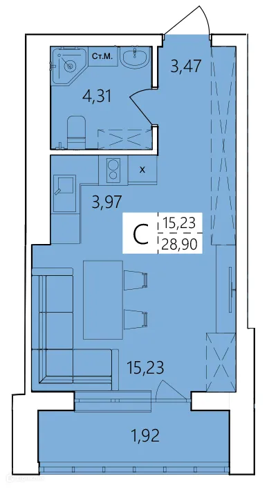 Планировка студии квартиры 28.9 м² в ЖК Волна, г. Уфа — фото 1