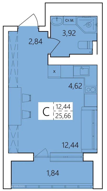 Планировка Студия в ЖК Волна