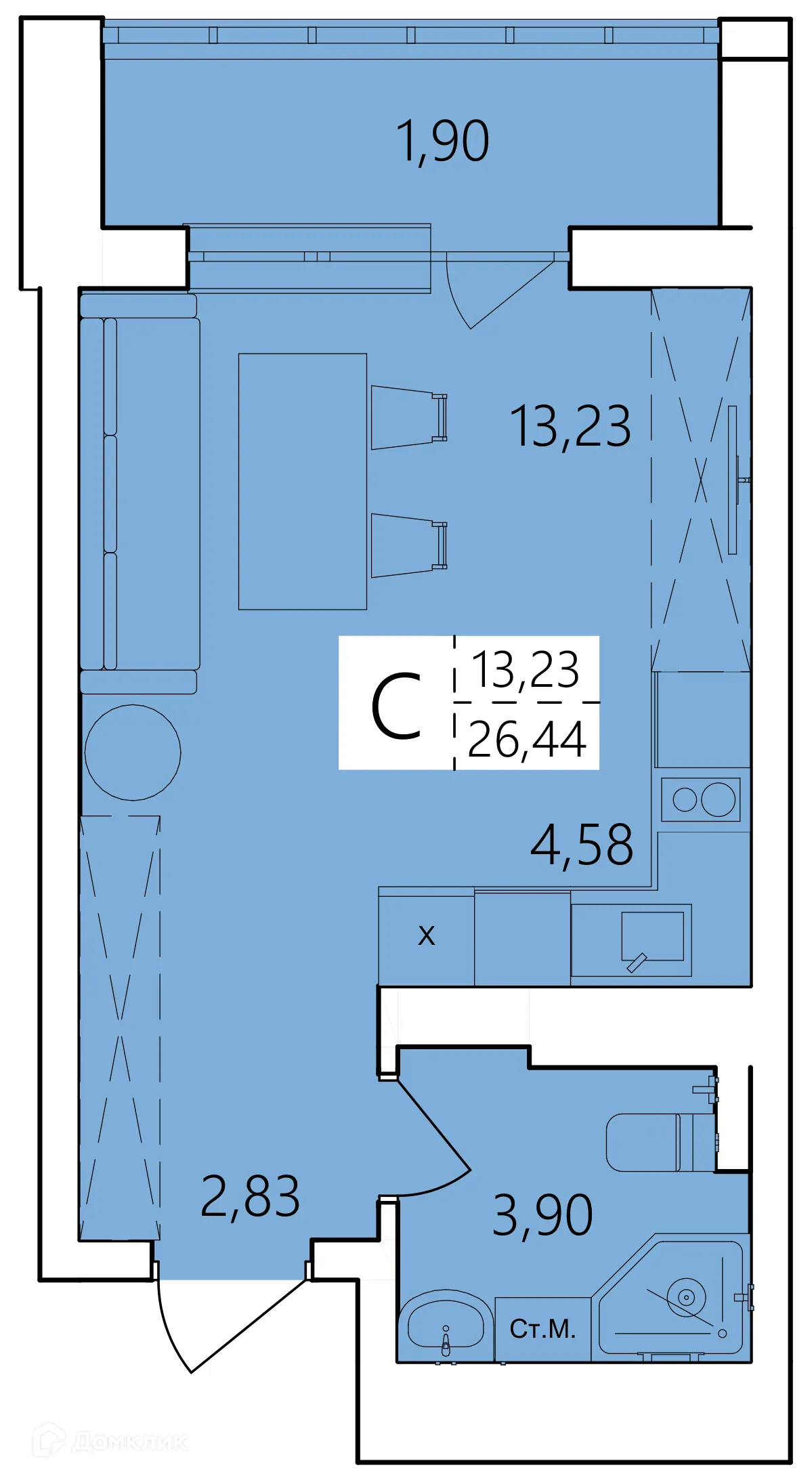Планировка студии квартиры 26.44 м² в ЖК Волна, г. Уфа — фото 1