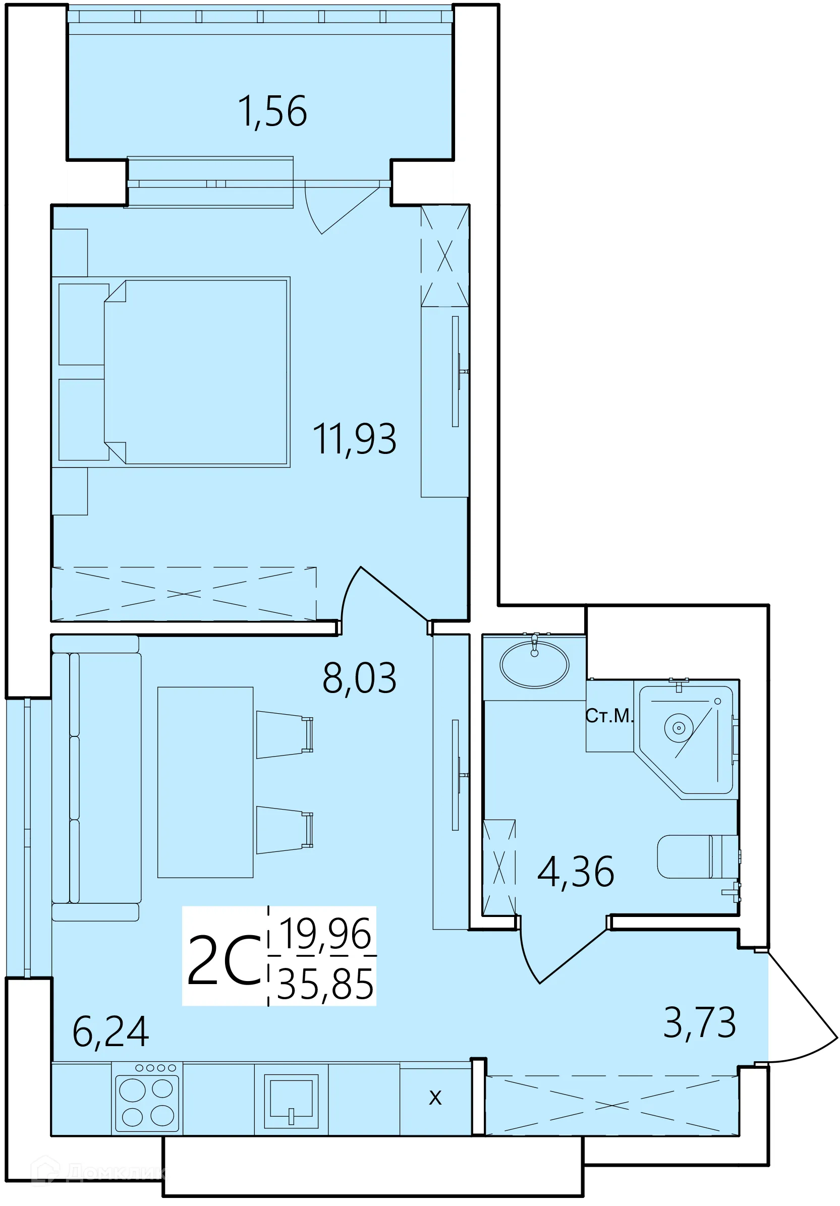 Планировка 2-комнатной квартиры 35.85 м² в ЖК Волна, г. Уфа — фото 1