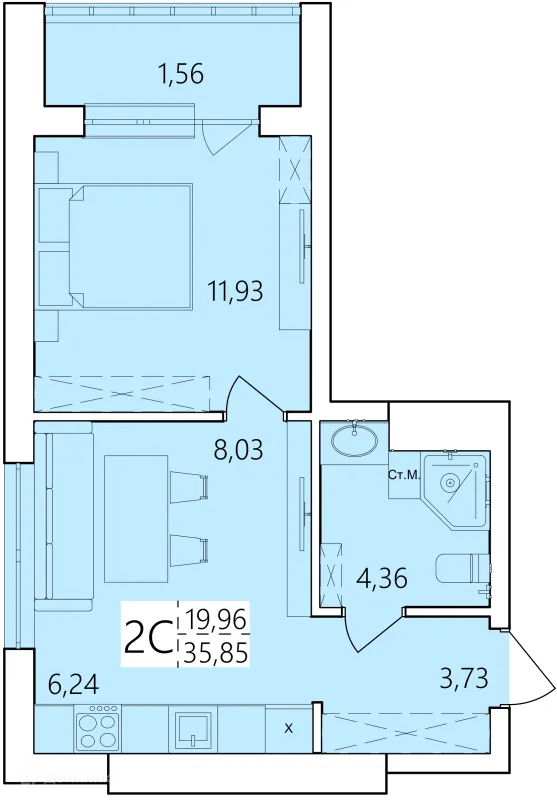 Планировка 2 комн. в ЖК Волна